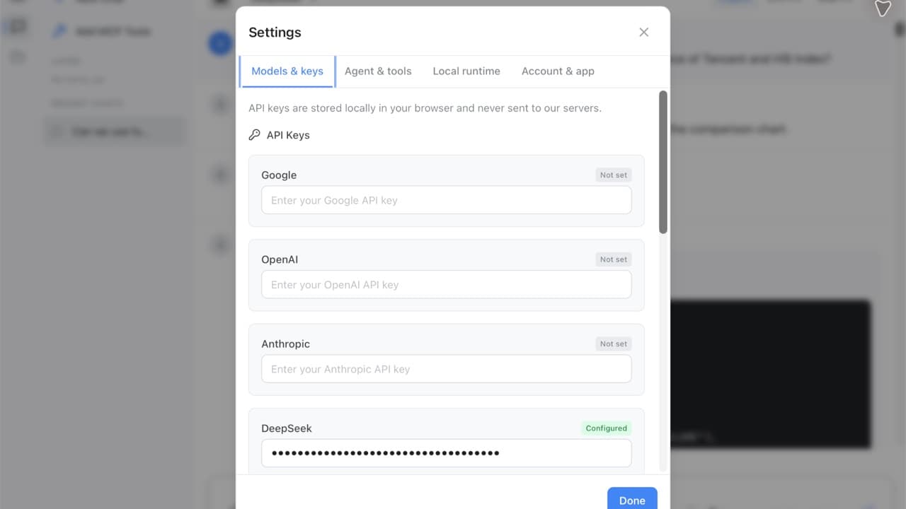 Models and API keys in Settings